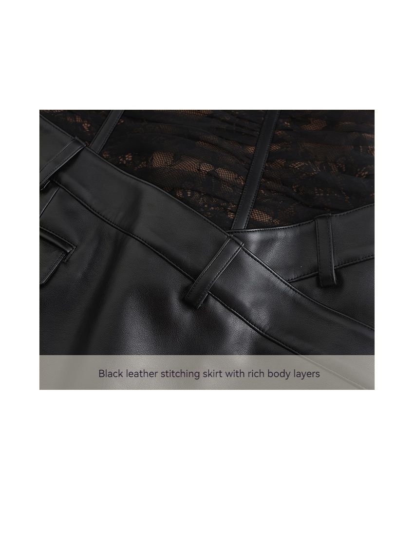 Lace mesh pleated leather dress